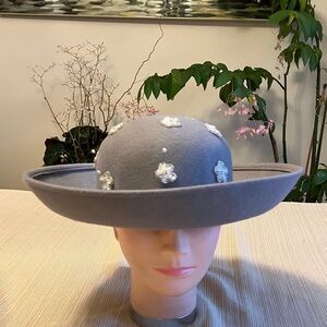 Elegant Gray Wool Wide-Brim Hat with White Sequined Beaded Floral Accents